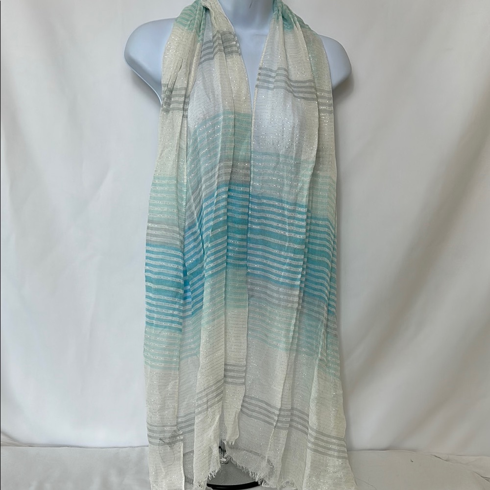 Calvin Klein Striped White Blue Silver Sparkle Long Sheer Lightweight Scarf Wrap